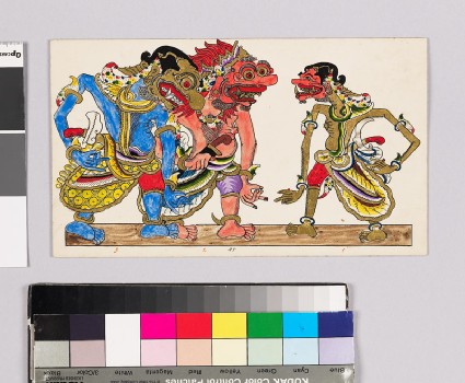 Card with characters from Wayang theatrefront