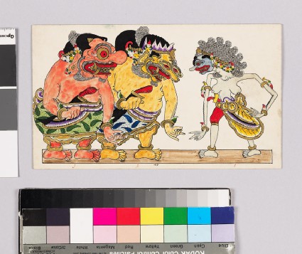 Card with characters from Wayang theatrefront