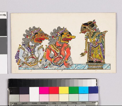 Card with characters from Wayang theatrefront