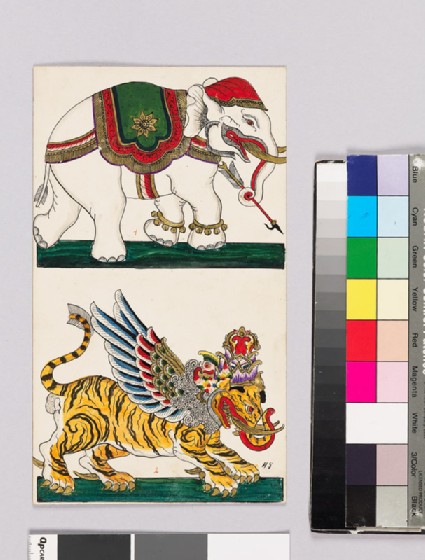 Card with an elephant and tiger from Wayang theatrefront