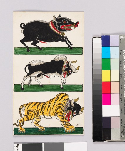Card with a boar, bull, and bull-headed tiger from Wayang theatrefront