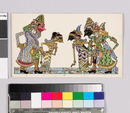 Card with characters from Wayang theatrefront