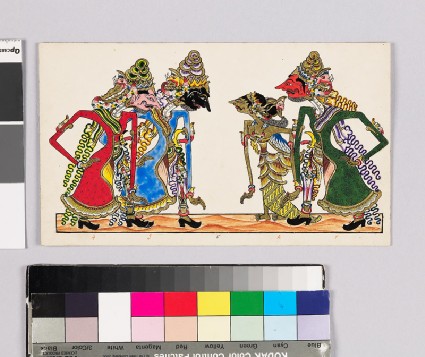 Card with characters from Wayang theatrefront