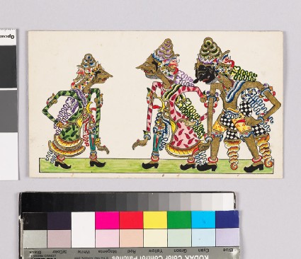 Card with characters from Wayang theatrefront