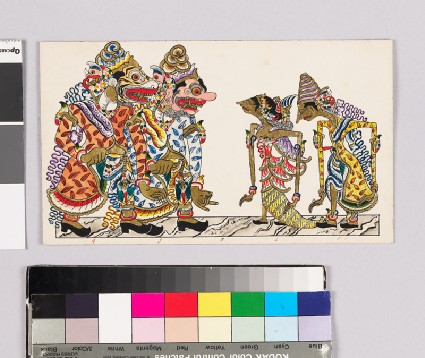 Card with characters from Wayang theatrefront