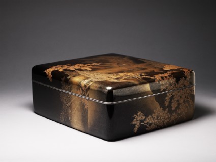 Ryoshibako, or paper box, with maple trees and waterfalloblique