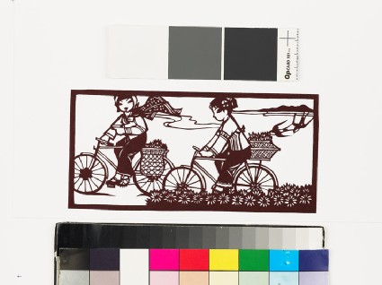 Two girls on bicycles with baskets full of plantsfront