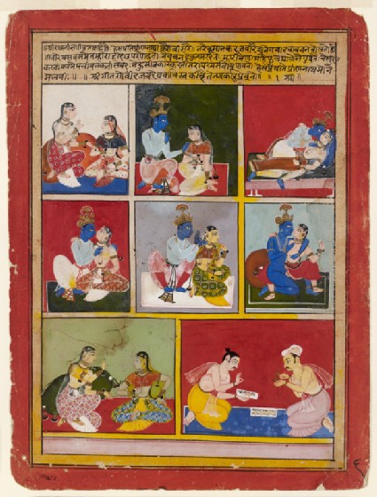 Scenes of Krishna, Radha, and her companion, and the poet Jayadevafront