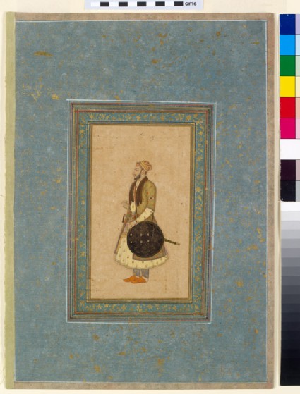 Page from a dispersed muraqqa‘, or album, with a standing portrait of Prince Kam Bakhshfront