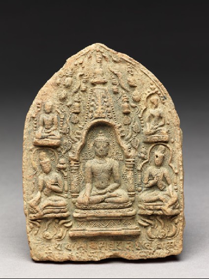 Votive plaque of the Buddha seated inside a stupafront