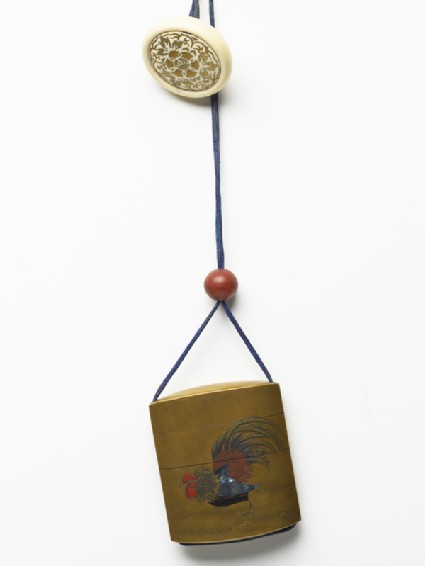 Inrō with fighting cocks, attached to a netsuke and an ojimefront