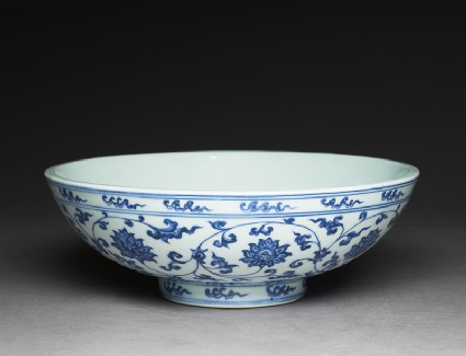 Blue-and-white bowl with lotus scrollsoblique