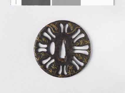 Tsuba with scrolls, dragonflies, and a streamfront