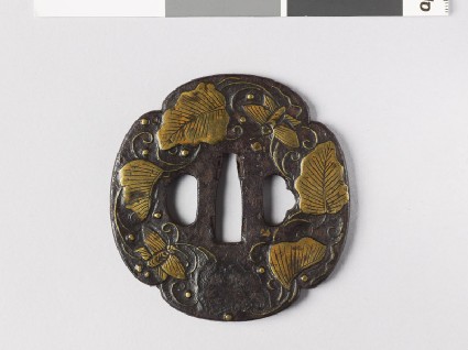 Mokkō-shaped tsuba with leaves, butterflies, and dewdropsfront