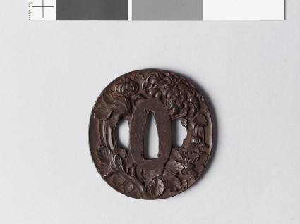 Tsuba with chrysanthemum and aster flowersfront