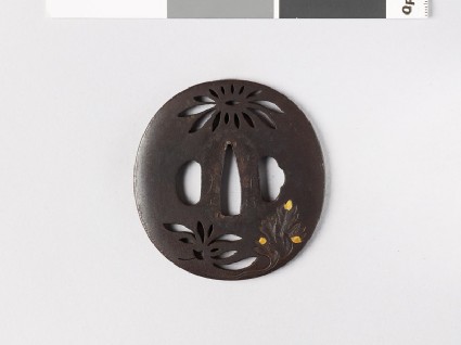 Lenticular tsuba with chrysanthemum flowers and leavesfront