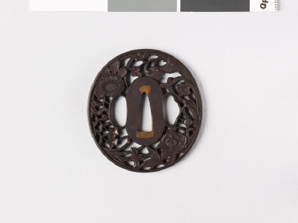 Tsuba with flowering plants and dewdropsfront