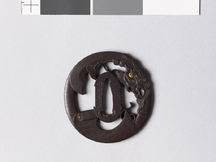 Tsuba with a scroll and the god Kwanu's spearfront