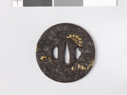 Tsuba with egrets, men in boats, and a water wheelfront