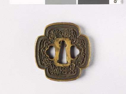 Mokkō-shaped tsuba with Precious Objects and peony stemsfront