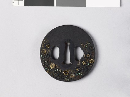 Tsuba with plum blossoms, pine needles, and dewdropsfront