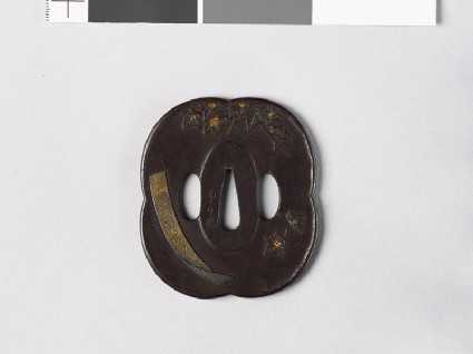 Tsuba with maple branch and tanzaku, or poem card, with a poem by Sugawara no Michizanefront