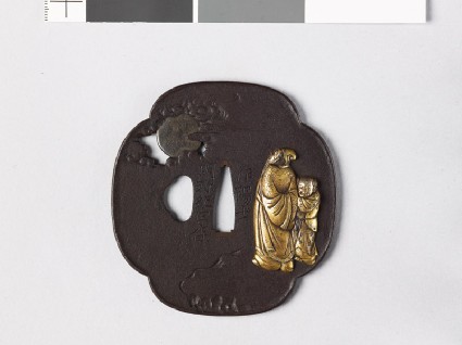 Mokkō-shaped tsuba with Chinese sage standing with his attendant in a landscapefront