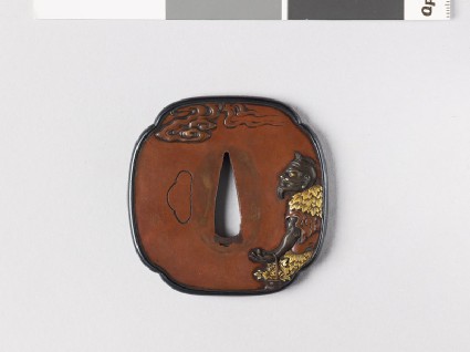 Mokkō-shaped tsuba depicting a sennin, or Taoist hermit, carrying a peony flower in a basketfront