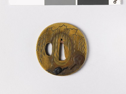 Tsuba depicting a weeping willow and a rat gnawing the cords of a fanfront