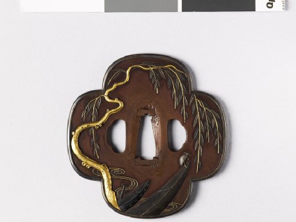 Mokkō-shaped tsuba with weeping willow and boatsfront