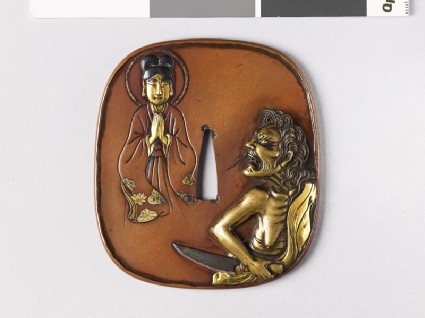 Tsuba depicting the witch of Adachi-gahara looking at the Buddhafront