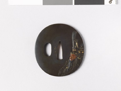 Lenticular tsuba depicting the Chinese general Kuan Yü with his dragonfront