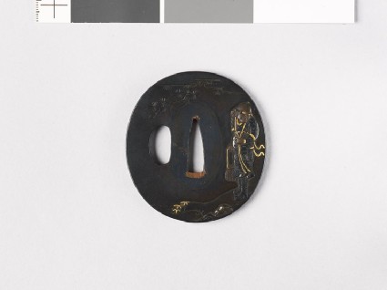 Tsuba depicting a man holding a basketfront