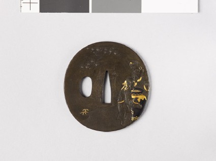 Tsuba depicting the Three Sake Tasters around a wine jarfront