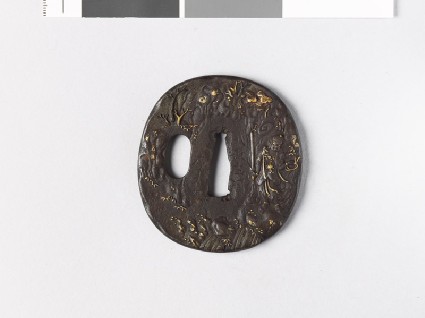 Tsuba depicting the god Fudō standing in a landscapefront