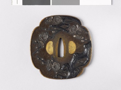 Mokkō-shaped tsuba with blossoming plum treefront