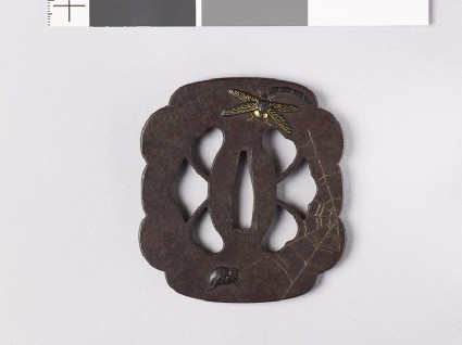 Lobed and mokkō-shaped tsuba with dragonfly, spider, wasp, and websfront