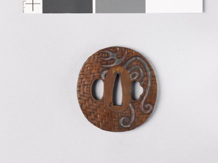 Tsuba with 'long life' character, butterfly, and leavesfront