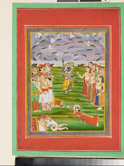 Krishna lifting the Mountain Govardhana on his fingersfront