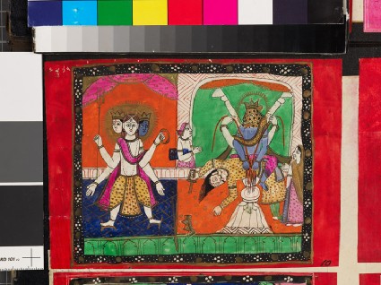 Three-headed deity, and a figure disembowelling a manfront