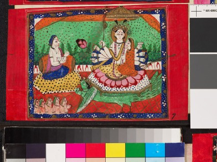 Deity sitting on a lotus with other figures in attendancefront