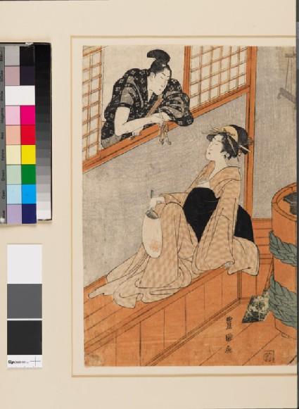 A woman in a bath house talking to a man through the windowfront