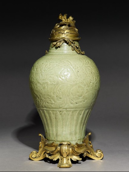 Greenware vase with European mountsside