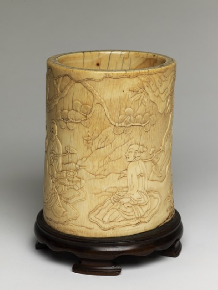 Ivory brush pot with figures in a landscapeoblique