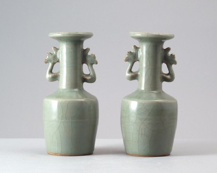Greenware kinuta, or mallet, vase with phoenix handlesfront