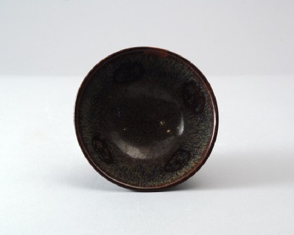 Black ware tea bowl with 'hare's fur' glazes and auspicious inscriptionfront