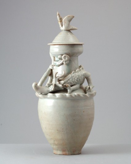White ware funerary vase and lid with a dragon and birdfront