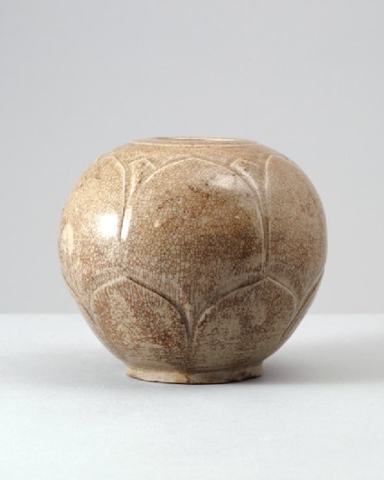 Greenware globular jar with lotus petalsfront