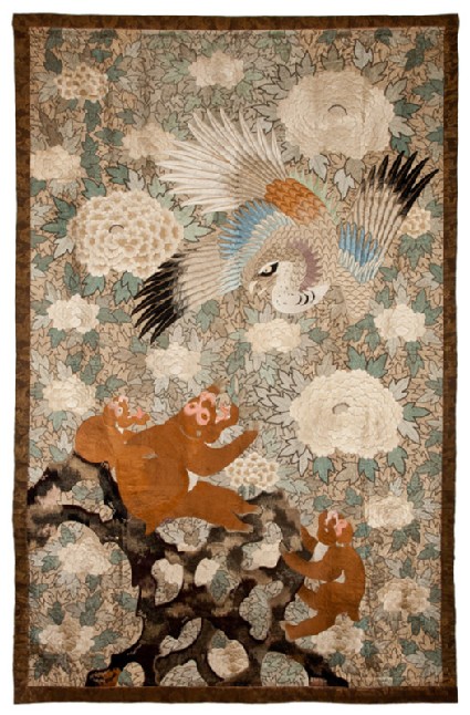 Eagle attacking a family of monkeys on stylized rocksfront, Cat. No. 26