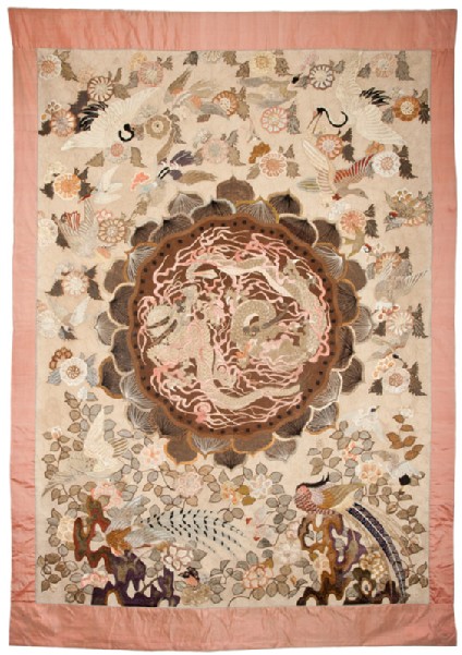 Silk hanging or tablecloth with pheasants, birds, and a roundel depicting dragonsfront, Cat. No. 4